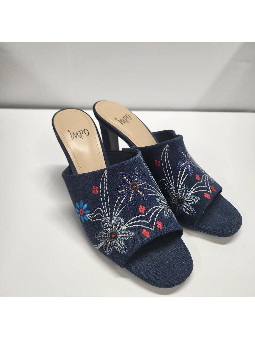 EUC IMPO fun embroidered Blue Slip on heeled mule 9.5 clean worn 1